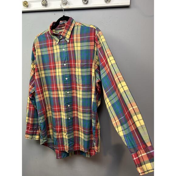 Vintage Chaps Ralph Lauren Shirt Mens Large Plaid Hong Kong Yellow Red Button up - Picture 6 of 8
